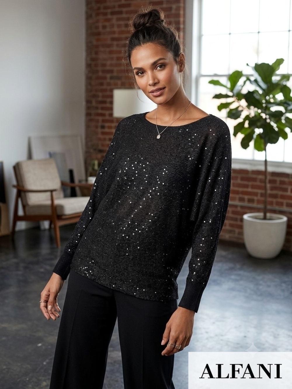 Alfani Black Sequin Pullover Top